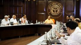 Uttar Pradesh Chief Minister Yogi Adityanath with his deputies Keshav Prasad Maurya and Brajesh Pathak during a state cabinet meeting, in Lucknow,