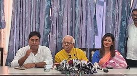 Reyat Hossein Sarkar and Sayanika Banerjee alon with Shovondeb Chattopadhyay during a press conference. (Express Photo)
