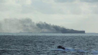 singapore, oil tanks on fire