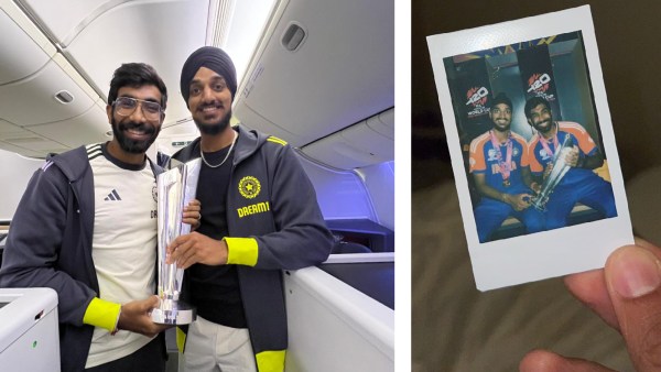 (LEFT) Arshdeep Singh with Jasprit Bumrah after they won the T20 World Cup; (RIGHT) Arshdeep Singh and Jasprit Bumrah after they boarded the flight from Barbados. (Special Arrangement) 