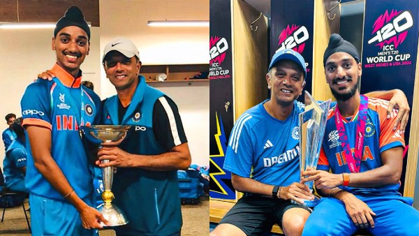 (LEFT) Arshdeep Singh with coach Rahul Dravid after they won the 2018 U-19 World Cup. (RIGHT) The duo with the 2024 T20 World Cup title. (Special Arrangement) 