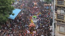 147th Lord Jagannath Rath Yatra procession exit from JamalpurJagannathtemple, Old city of Ahmedabad on Sunday. Express photo by Nirmal Harindran