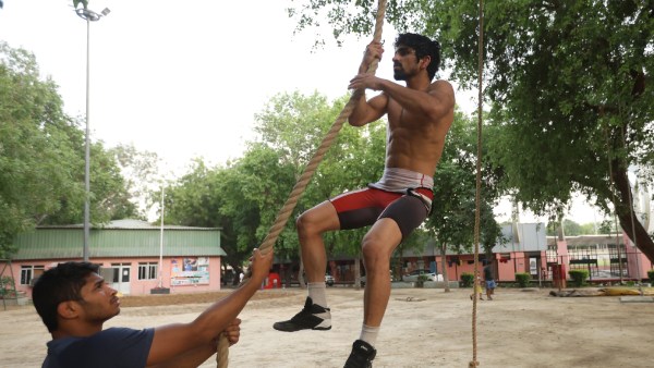 Paris Olympic-bound Aman Sehrawat trains at the Chhatrasal Stadium . (Express Photo by Amit Mehra)