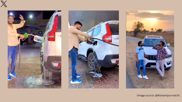 The viral video shows the man making a victory hand gesture and twisting his mustache while pulling off the deadly stunt (Image source: @Nishantjournali/X)