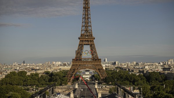 The Olympic rings are seen on the Eiffel Tower in Paris ahead of the Paris Olympics. (AP Photo)