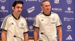 Team India head coach Gautam Gambhir (left) and Chairman of senior selection committee Ajit Agarkar after the press conference in Mumbai. (Express Photo by Devendra Pandey)