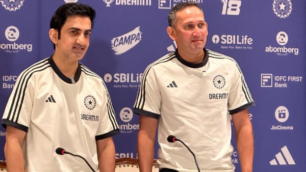 Team India head coach Gautam Gambhir (left) and Chairman of senior selection committee Ajit Agarkar after the press conference in Mumbai. (Express Photo by Devendra Pandey)