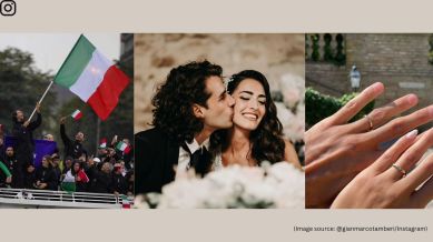 Gianmarco Tamberi was waving Italy's flag alongside three-time Olympic medallist Arianna Errigo (Image source: @gianmarcotamberi/Instagram)