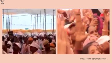 The viral video shows thousands, including women and children, chanting at the satsang in Hathras (Image source: @priyarajputlive/X)