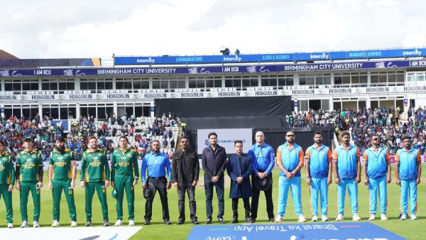 India vs Pakistan: Members of the Indian and Pakistani champion teams before the start of the World Championship of Legends final.