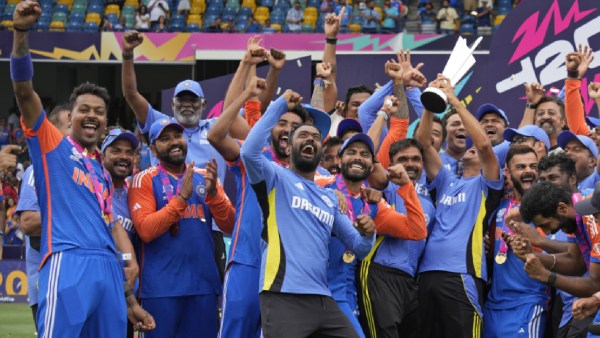 Indian cricket aggroup players and aggroup stop body fete with the winners accolade after defeating South continent in the ICC Men's T20 World Cup test cricket correct at Kensington Oval in Bridgetown. (AP Photo)