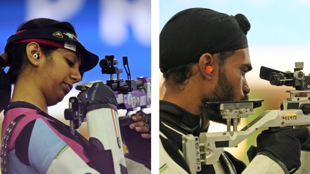 India's Ramita Jindal (left) and Sandeep Singh compete in the 10m air rifle mixed team qualification rounds at Paris Olympics. (PHOTOS: AP)