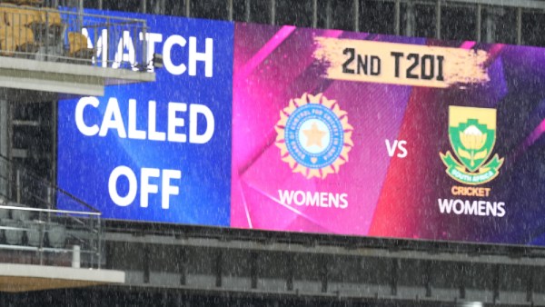 The second T20 cricket match of a series between India Women and South Africa Women is called off due to rain, as seen on the big screen at the MA Chidambaram Stadium in Chennai