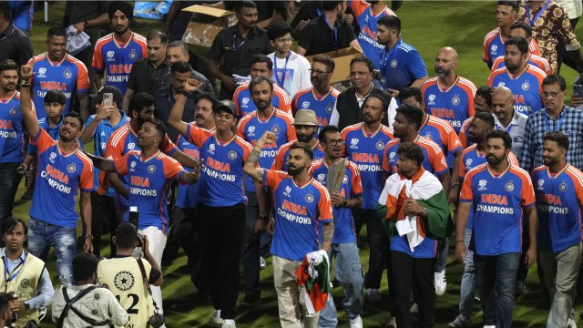 T20 World Cup: India's cricket team takes a victory lap during a ceremony at Wankhede Stadium, Thursday, July 4, 2024, in Mumbai, India, celebrating their ICC Men's Twenty20 World Cup win