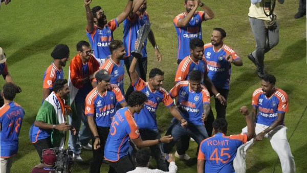 India's cricket players dance during a ceremony at Wankhede Stadium, Thursday, July 4, 2024, in Mumbai, India, celebrating their ICC Men's Twenty20 World Cup win.