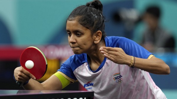 India's Sreeja Akula plays against Sweden's Christina Kallberg during a women's singles round of 64 table tennis game at the 2024 Summer Olympics, Sunday, July 28, 2024, in Paris, France