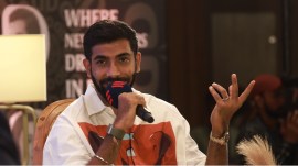 Jasprit Bumrah speaks at the Express Adda in Ahmedabad on Thursday. (Express photo by Sankhadeep Banerjee)