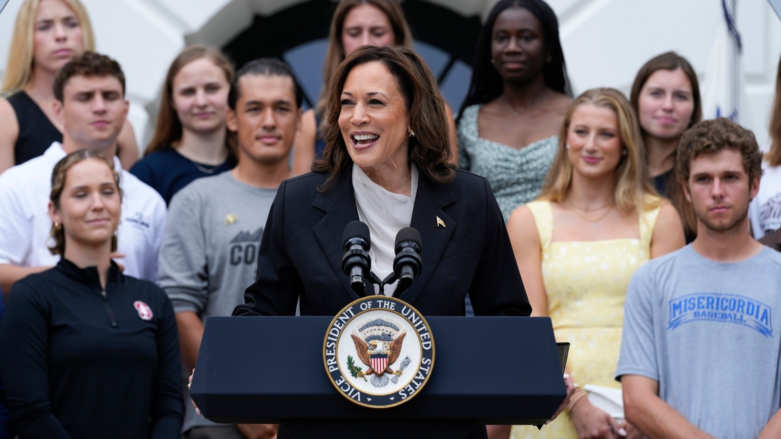 Joe Biden Ends Presidential Bid Live Updates: Vice President Kamala Harris speaks from the South Lawn of the White House in Washington, Monday, July 22, 2024, during an event with NCAA college athletes. This is her first public appearance since President Joe Biden endorsed her to be the next presidential nominee of the Democratic Party. (AP/PTI)