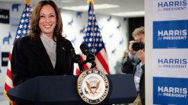 U.S. Vice President Kamala Harris speaks at her Presidential Campaign headquarters in Wilmington