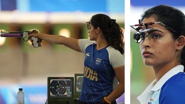 Manu Bhaker competing at the Paris Olympics in the women's 10m air pistol event. (PHOTOS: AP)