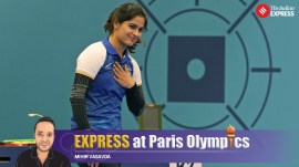 Manu Bhaker celebrates after winning the bronze medal in the 10m air pistol women's final round at the 2024 Summer Olympics, Sunday, July 28, 2024, in Chateauroux, France. (AP Photo)