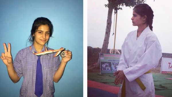 A young Manu Bhaker with a medal in her school days; Manu in martial arts dress. (PHOTOS courtesy Manu Bhaker's family)