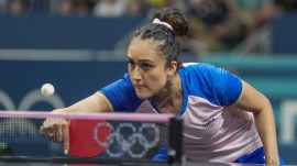 India's Manika Batra plays a shot during the women's singles round of 32 table tennis match against France's Prithika Pavade at the 2024 Summer Olympics, in Paris
