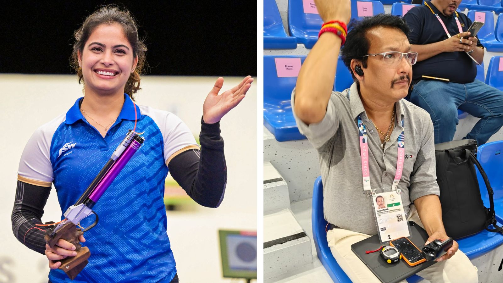  Manu Bhaker and coach Jaspal Rana after medal win
