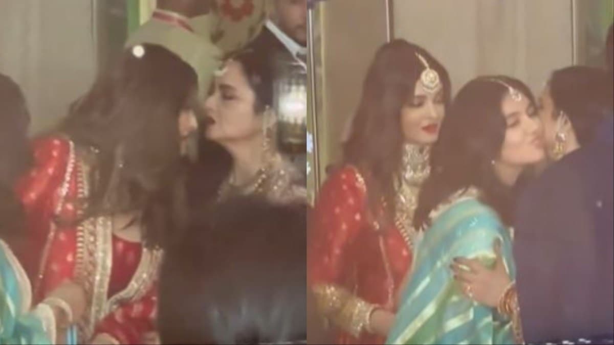 Aishwarya Rai and Rekha were clicked at the Anant Ambani wedding.