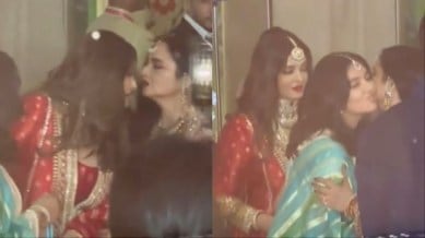 Aishwarya Rai hugs Rekha at Anant Ambani and Radhika Merchant’s wedding as the veteran star blesses Aaradhya and skips posing with the Bachchan family. Watch | Bollywood News