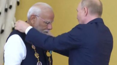Prime Minister Narendra Modi receving the highest civilian honour in Kerlim. (ANI video/Screengrab)