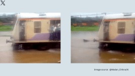 The viral video shows a local train passing through heavily waterlogged tracks (Image source: @Madan_Chikna/X)