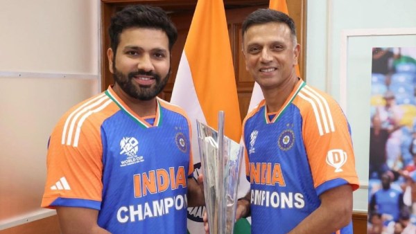 Skipper Rohit Sharma and head coach Rahul Dravid after the T20 World Cup win. (Instagram)