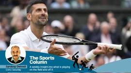 Novak Djokovic of Serbia reacts after defeating Lorenzo Musetti of Italy in their semifinal match at the Wimbledon tennis championships in London