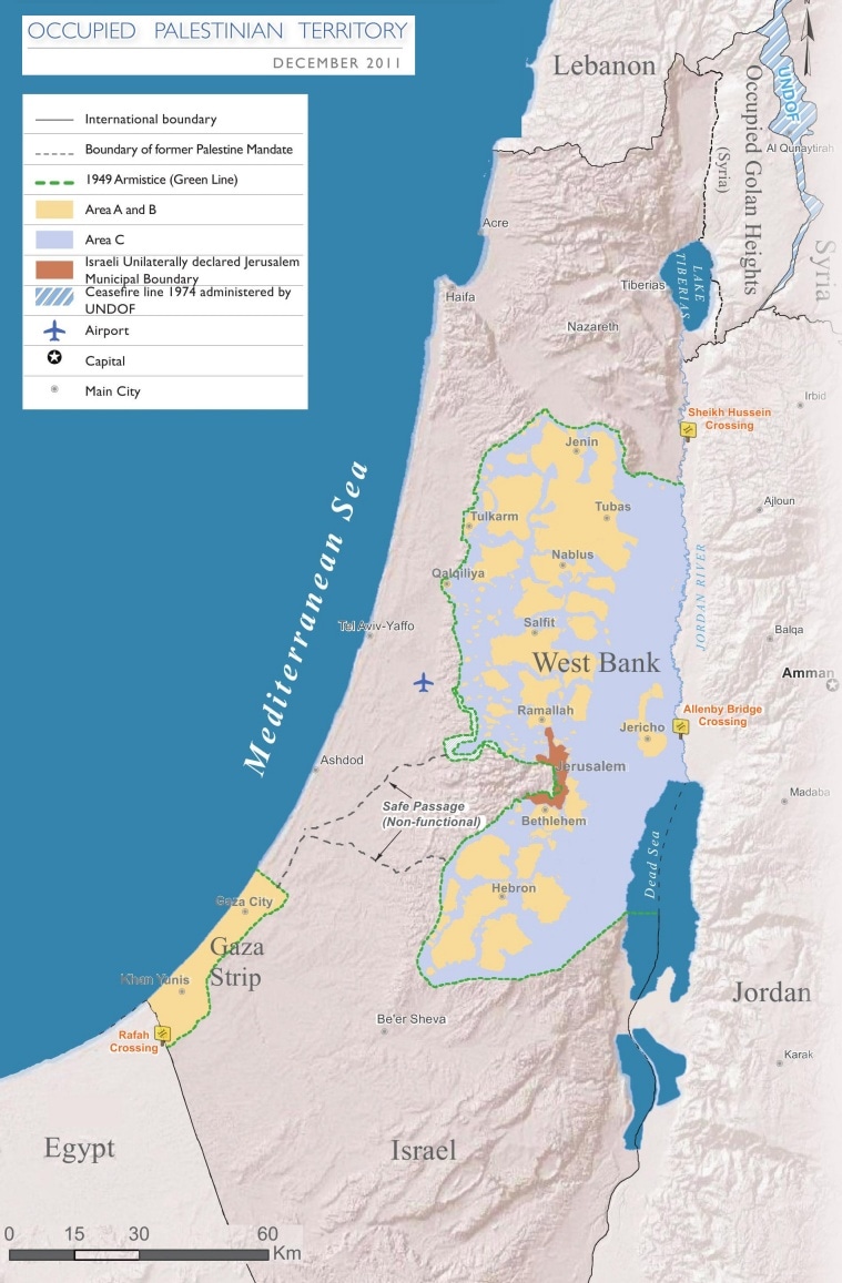Area A and B come under the partial control of Palestinian authority, while Area C has illegal Jewish settlements. (Based on Reference Map published by United Nations Office for the Coordination of Humanitarian Affairs (OCHAoPt), 25 January 2012, Wikimedia Commons)