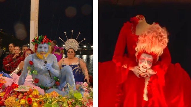 (LEFT) French singer and actor Philippe Katerine performing a song at the Paris Olympics Opening Ceremony while being almost naked with his body painted in blue to represent Dyonisus, the god of wine. (RIGHT) A visual from the ceremony that makes a reference to the beheading of Marie Antoinette. (PHOTOS: @Olympics via X and Screengrab)