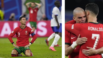 (LEFT) Portugal's Cristiano Ronaldo reacts after failing to score during the quarter-final against France at the Euro 2024 tournament in Hamburg; (RIGHT) Ronaldo consoles Pepe. (AP Photo)