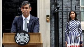 Prime Minister Rishi Sunak, flanked by his wife Akshata Murty, delivers a speech at Number 10 Downing Street, following the results of the elections, in London