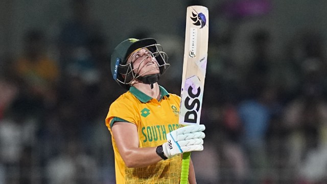 South Africa player Tazmin Brits celebrates her half century against India during the first T20 cricket match of a series at the MA Chidambaram Stadium, in Chennai, Friday, July 5, 2024. (PTI Photo)