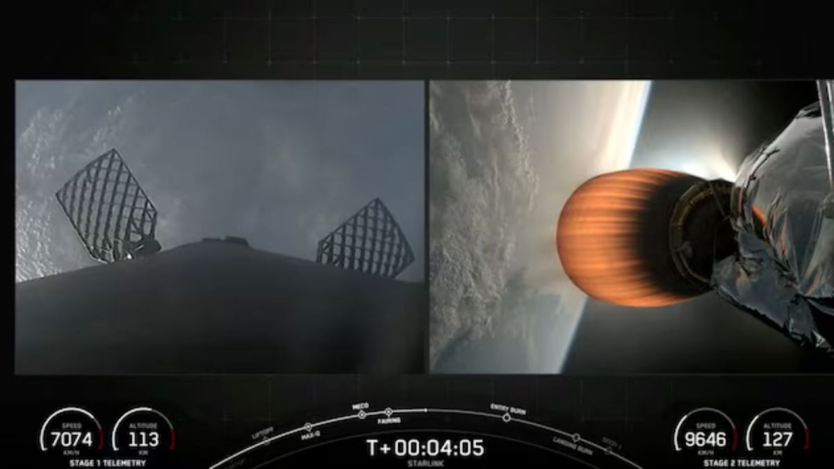 SpaceX's Falcon 9 is pictured launching satellites to orbit in space after it lifted off from the Vandenberg Space Force Base in California, US.