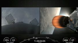 SpaceX's Falcon 9 is pictured launching satellites to orbit in space after it lifted off from the Vandenberg Space Force Base in California, US.