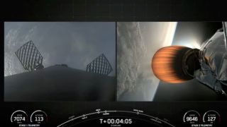 SpaceX's Falcon 9 is pictured launching satellites to orbit in space after it lifted off from the Vandenberg Space Force Base in California, US.