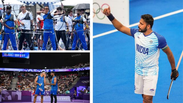 (Clockwise) India's men's archery team, the Harmanpreet Singh-led Hockey side and the Badminton pairing of Chirag Shetty-Satwiksairaj Rankireddy will all be in action on Day 3 at Paris 2024. (AP/PTI)