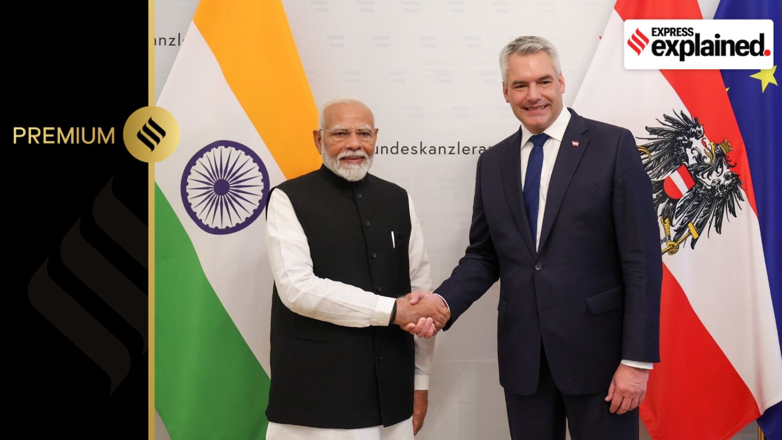 Prime Minister Narendra Modi with Austria’s Chancellor Karl Nehammer in Vienna on Wednesday.