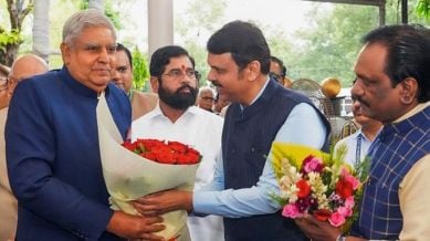 Vice President Jagdeep Dhankhar being welcomed by Maharashtra Deputy Chief Minister Devendra Fadnavis upon his arrival at Vidhan Bhavan, Mumbai. Maharashtra CM Eknath Shinde is also seen.