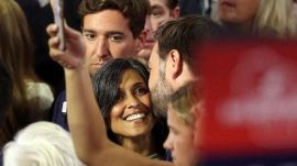 Republican vice presidential candidate J.D. Vance is accompanied by his wife Usha Chilukuri Vance as he arrives for Day 1 of the Republican National Convention (RNC), at the Fiserv Forum in Milwaukee, Wisconsin, U.S.