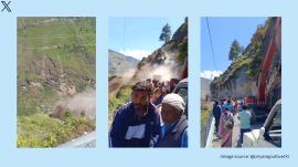 The viral video shows a large portion of a hill crumbling and falling on the road (Image source: @priyarajputlive/X)