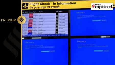 Some airport announcement monitors showing blue screen errors, at T3 Terminal of the Indira Gandhi International Airport amid Microsoft outage, in New Delhi, Friday, July 19, 2024. (X@The_Karthik)