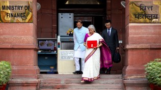 Budget 2024: Finance Minister Nirmala Sitharaman and other members of the Finance Ministry leave the Ministry to present the budget at the parliament in New Delhi on Tuesday. (Express photo by Parveen Khanna)