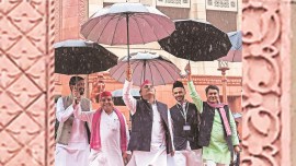 delhi rain, Parliament complex, parliament session, Samajwadi Party, SP chief Akhilesh Yadav, Zia ur Rehman Barq, Dharmendra Yadav, Anand Bhadauria, Aditya Yadav, Indian express news